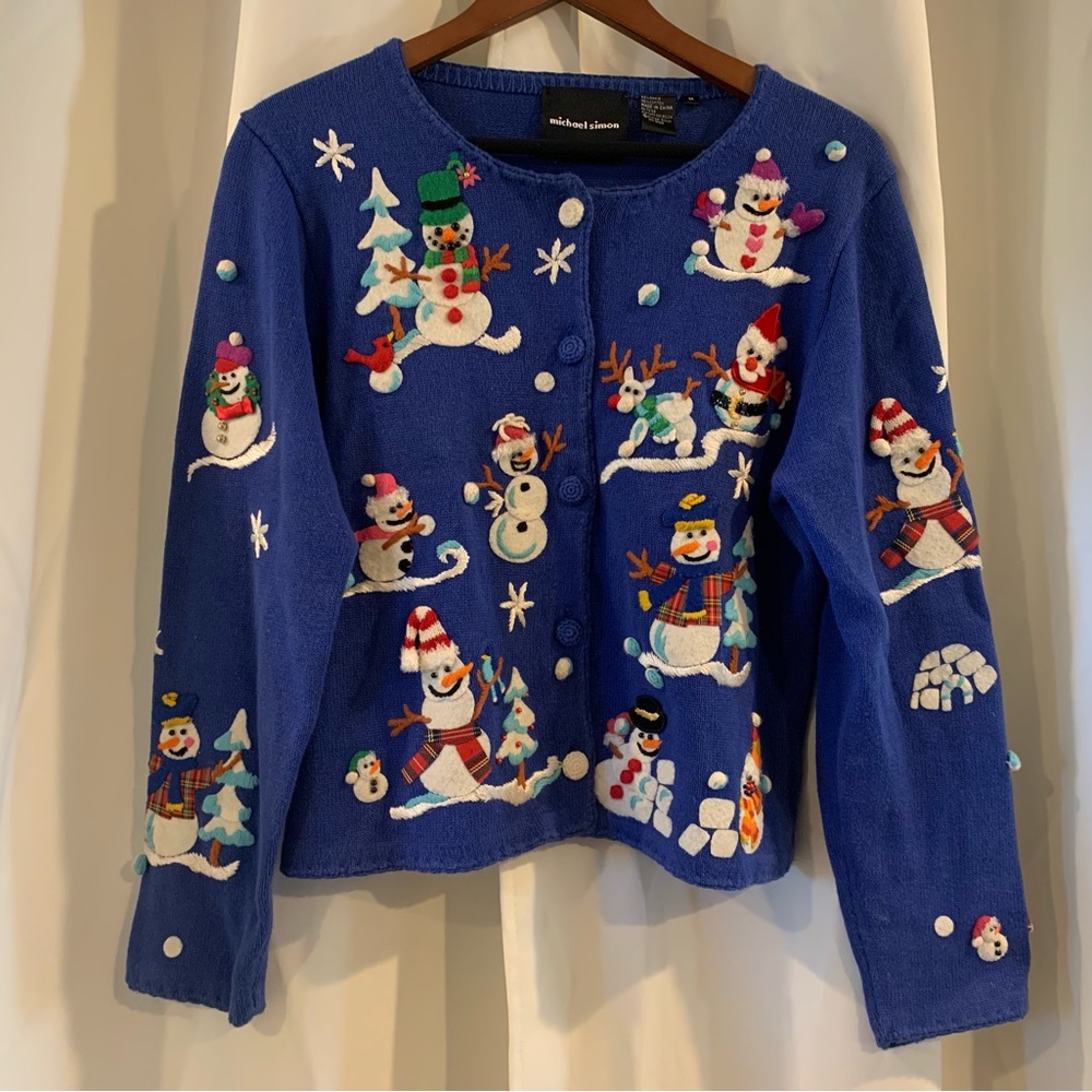 Michael Simon~ Size medium Vintage (2000) Snowmen Embroideryโ & Beaded Cardigan